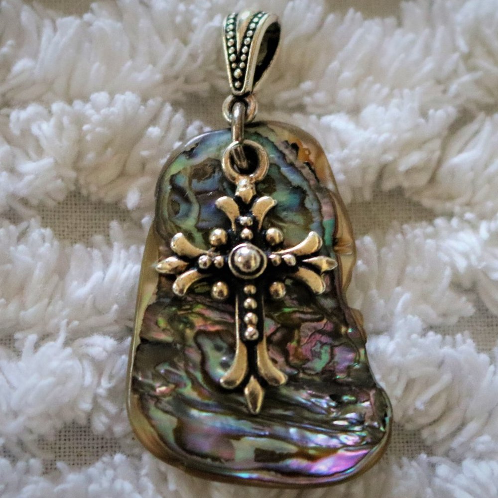 Vintage Abalone and Silver Cross Pendant.